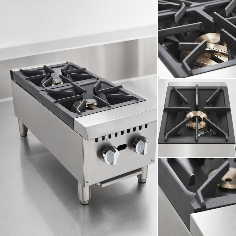 Product image #4 for Comstock-Castle 2 Burner Gas Countertop Hotplate, 12 Inch Wide, Stainless Steel, With Legs