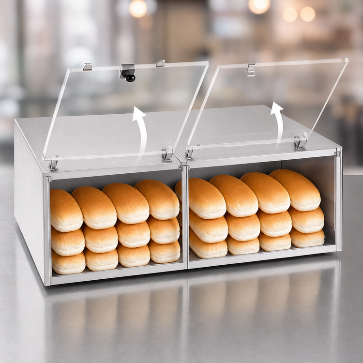 Product image #4 for APW Wyott BC-20 Countertop Hot Dog Bun Cabinet, 50-Bun Capacity, Lift-Up Plexiglass Doors