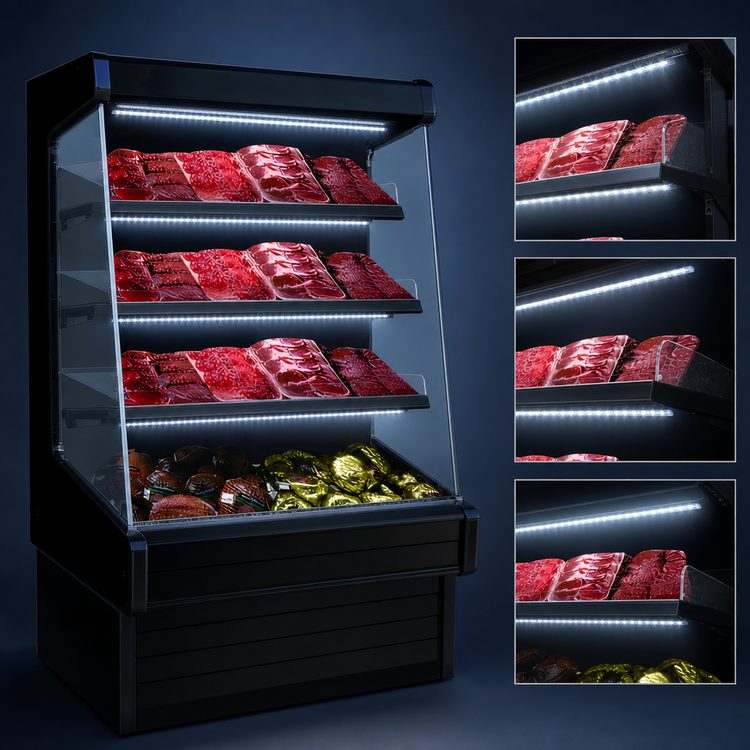 Product image #4 for Howard-McCray Ovation Series 51-Inch Remote Meat Open Merchandiser, Endless Design, 3-Tier LED Shelves, Black