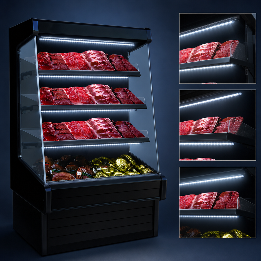 Three Rows of LED-Lighted Shelves