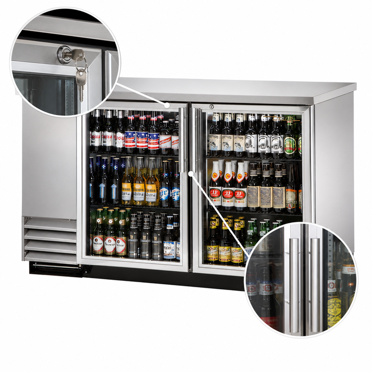 Product image #4 for Two-Section Glass Swing Door Back Bar Cooler, 58-7/8 Inch, Stainless Steel, Left-Side Condensing Unit