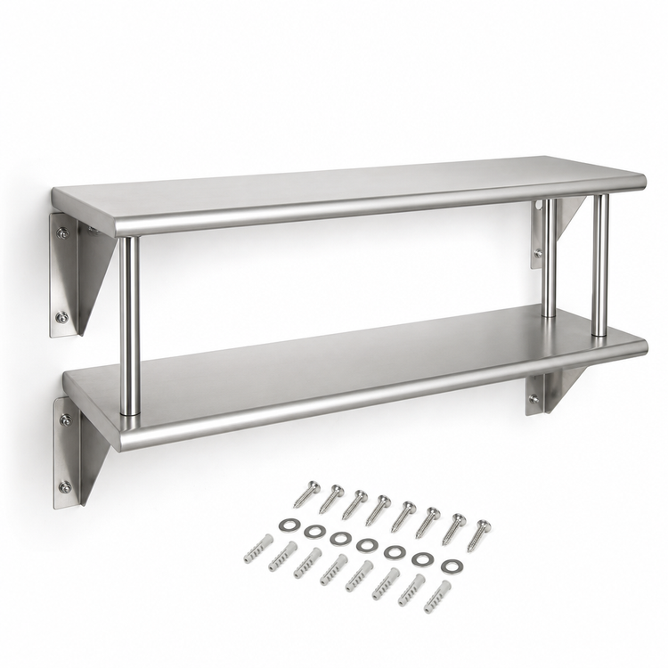 Product image #4 for Double Tier Wall-Mounted Pass-Through Shelf, 120 Inch W x 24 Inch D, 8 Inch Max Wall Thickness, 304 Stainless Steel