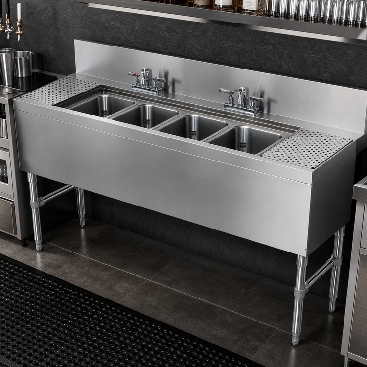 Product image #4 for Prestige Supreme 4-Compartment Stainless Steel Underbar Sink Unit with Drainboards and Deck-Mount Faucets, 84 x 25 Inches
