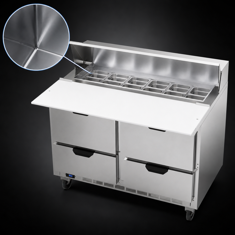 Product image #5 for Beverage-Air SPED48HC-12C-4 Two-Section 48-Inch Sandwich Prep Table with 4 Drawers and 17-Inch Cutting Board