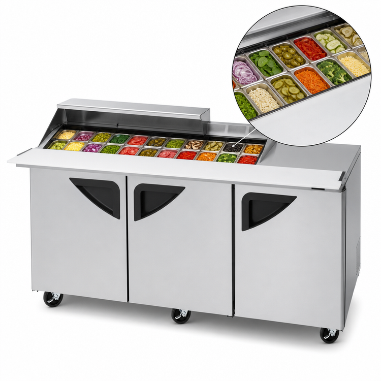Product image #5 for Turbo Air Super Deluxe 72-5/8 Inch 3-Section Sandwich/Salad Mega Prep & Work Station with Slide-Back Lid, 15-Pan Capacity