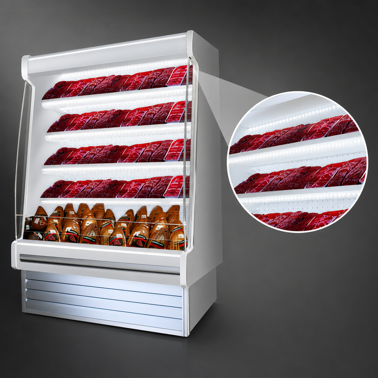 Product image #4 for Howard-McCray 35E Series 75-Inch Wide Packaged Meats Open Merchandiser with LED Shelves, Remote Refrigeration, Stainless Steel