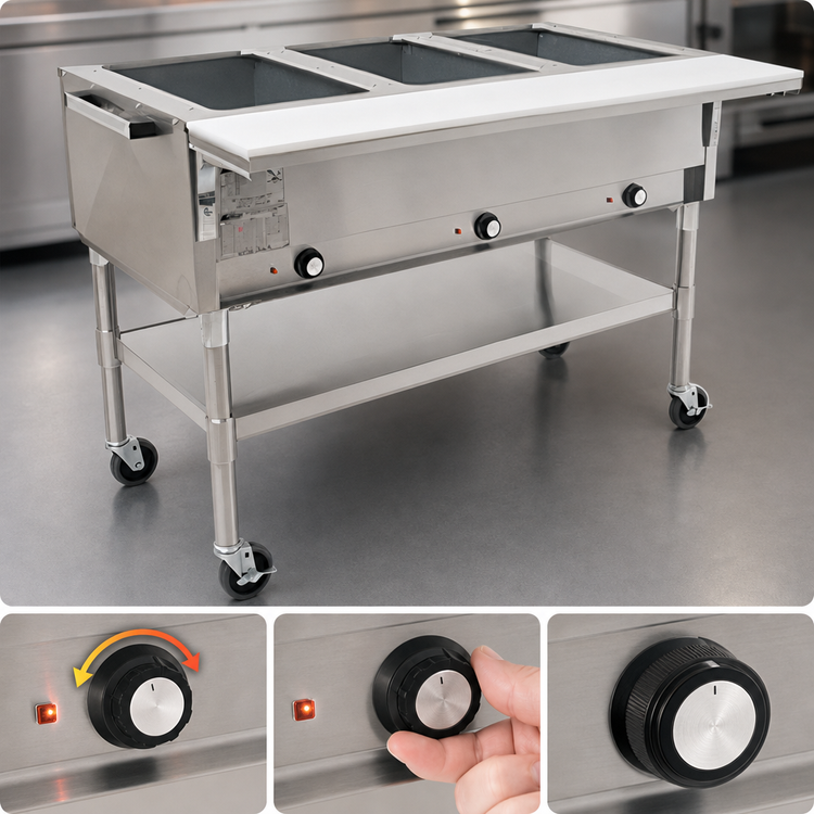 Product image #4 for Portable Electric Hot Food Table with 4 Dry Wells and Cutting Board, Open Shelf Base, 66 Inch Wide, 208V