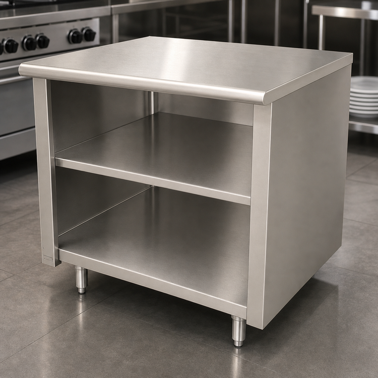 Product image #4 for Advance Tabco Special Value Economy Flat Top Open Front Base Work Table with Mid-Shelf, 36 x 30 Inches, 16 Gauge 304 Stainless Steel Top