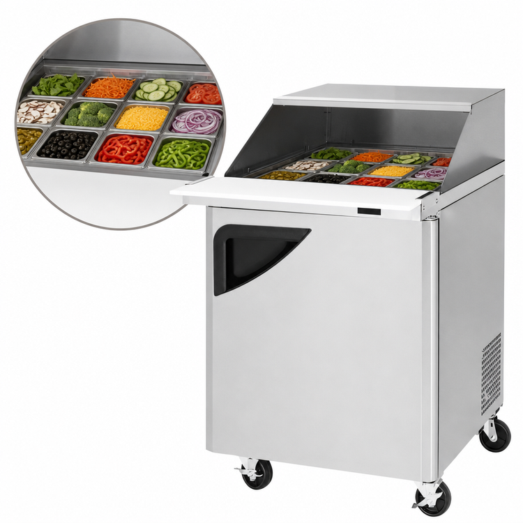 Product image #4 for Turbo Air Super Deluxe One-Section Refrigerated Sandwich/Salad Mega Top Prep Table with Slide-Back Lid, 12-Pan Capacity, 27-1/2 Inch Wide