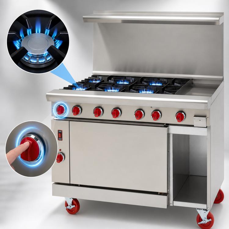 Product image #4 for American Range 48 Inch Green Flame Commercial Gas Range with 8 Open Burners, Standard Oven Left, and Storage Base Right