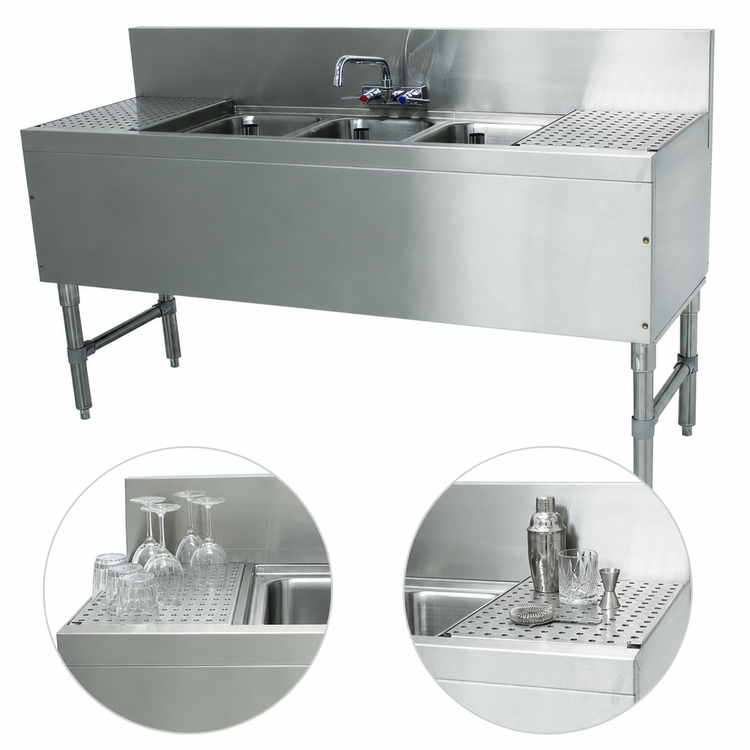 Product image #4 for Advance Tabco Prestige Signature Series 84-Inch 3-Compartment Underbar Sink Unit with Left and Right Drainboards and 7-Inch Backsplash