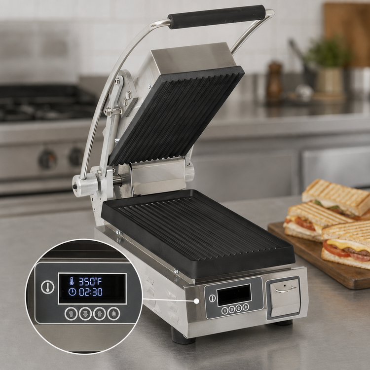 Product image #4 for Pro-Max 2.0 7.5-Inch x 14.2-Inch Grooved Cast Iron Countertop Panini Press Sandwich Grill, 230V