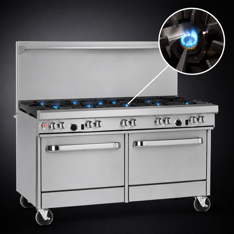 Product image #4 for Southbend Ultimate 60-Inch Commercial Gas Range with 9 Open Burners, 2 Cabinets, and Backriser Shelf