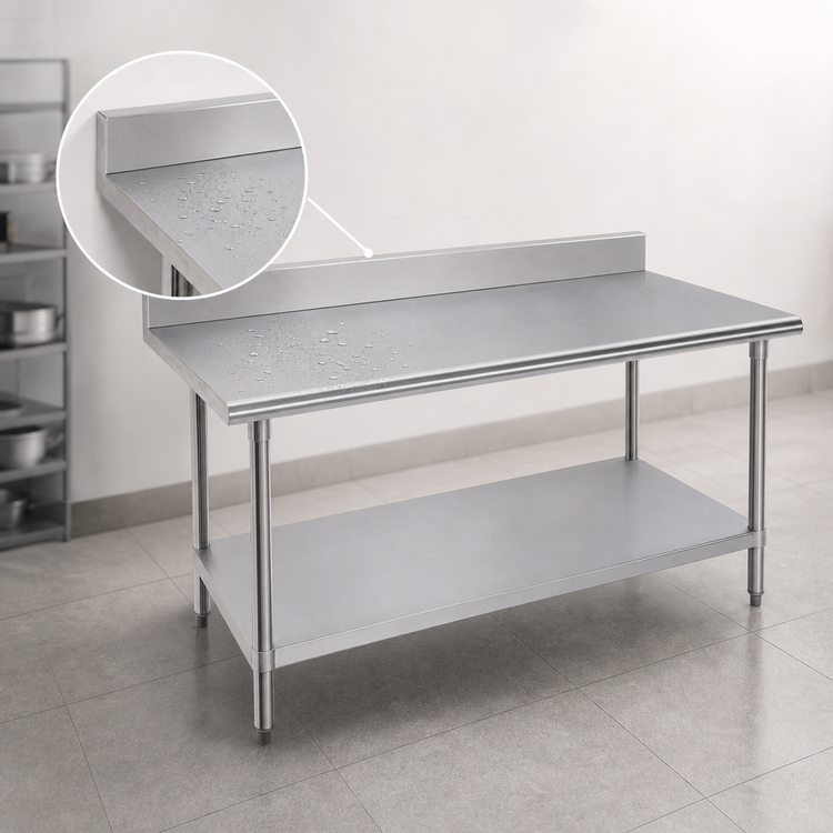Product image #4 for Advance Tabco 84" x 36" 16-Gauge 430 Stainless Steel Work Table with 5" Backsplash and Adjustable Undershelf