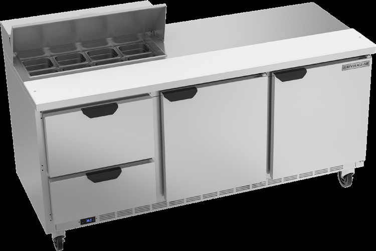 Product image #6 for Beverage-Air 72-Inch Three-Section Sandwich Top Refrigerated Prep Table with 8-Pan Opening, 2 Drawers, and 2 Doors