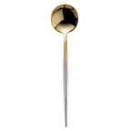 Thumbnail image #1 for Kadra Kitchenware Vikko Dine VF-SS15-VSG Bouillon Spoon, Two-Tone Silver and Gold, Mirror Finish, 18/10 Stainless Steel Case of 144