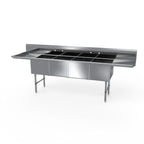 Thumbnail image #1 for NBR Equipment 4SS-182414LR18 4-Compartment Stainless Steel Sink, Left & Right Drainboards, 111-1/4"W x 29-1/2"D x 44-1/16"H