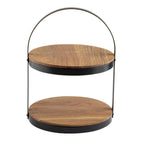 Thumbnail image #1 for TableCraft Products 10719 Two-Tier Round Collapsible Display Stand, Acacia Wood, Black Powder-Coated Metal Frame, 11.5" Dia. x 15" H Case of 4