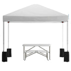 Thumbnail image #1 for Flash Furniture Harris JJ-GZ10PKG103-WH-GG 10' x 10' White Pop-Up Canopy Tent with Folding Table and 2 Folding Benches Set