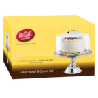 Thumbnail image #1 for TableCraft Products Cash & Carry H821422 Round Cake Stand & Cover Set, 12-3/4" Diameter, Stainless Steel Base, Clear Plastic Cover Case of 2