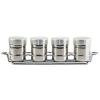 Thumbnail image #1 for TableCraft Products 11055 4-Piece Spice Shaker Set, 6 oz, Cinnamon/Cocoa/Vanilla/Nutmeg Imprints, Stainless Steel, Chrome Rack Case of 24