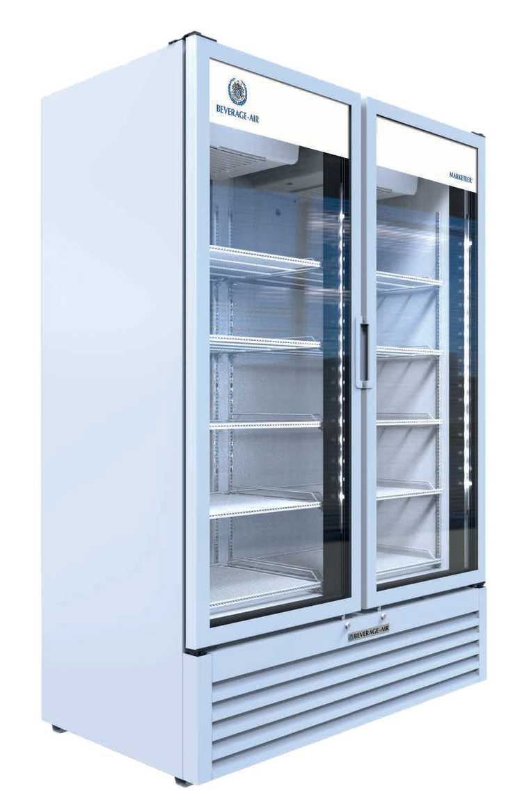 Product image #5 for Beverage Air Marketeer Two-Section Reach-In Glass Door Refrigerated Merchandiser, 41.66 Cu. Ft., White, Bottom-Mounted Self-Contained, R290