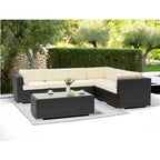Thumbnail image #1 for G & A Commercial Seating Scopello 8500 Indoor/Outdoor Resin Wicker Lounge Patio Set with Aluminum Frame, Ivory Cushions & Glass-Top Coffee Table