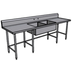 Thumbnail image #1 for Pacific Stainless Products PTD10830C8C24 108"W x 30"D 2-Compartment Sink Table, 16-Gauge 304 Stainless Top, 8" Backsplash