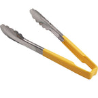 Thumbnail image #1 for AllPoints Foodservice Parts & Supplies 85381 Stainless Steel Scalloped Paddle Tongs, 9-1/2", Yellow Color-Coated Handle