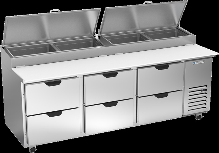 Product image #5 for Beverage-Air DPD93HC-6 Three-Section Pizza Prep Table with 6 Drawers, 93 Inch Wide, Self-Contained Side-Mounted Refrigeration