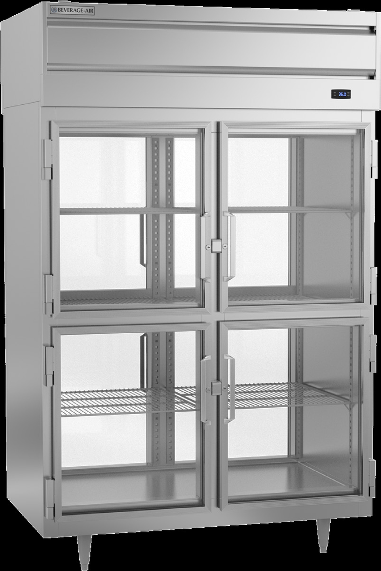 Product image #5 for Beverage-Air P-Series Two-Section Pass-Thru Refrigerator with 8 Glass Half Doors, Standard Depth, Top-Mounted Self-Contained, 48.33 Cu. Ft.