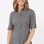 Thumbnail image #1 for Chef Works SES02W-GRY-L Women's Gray Chef Shirt, Snap Front, Long Sleeve, Poly/Cotton/Elastane, 4XL