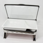 Thumbnail image #1 for Eastern Tabletop EB15623 Rectangular waterless stainless steel chafing dish with hinged reinforced glass lid and divided two-part dish