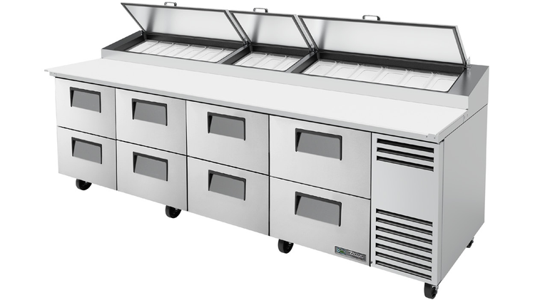Product image #5 for True 119-Inch 4-Section Pizza Prep Table with 8 Drawers, White Poly Cutting Board, and Self-Contained Refrigeration