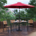 Thumbnail image #2 for Flash Furniture XU-DG-304860364-UB19BRD-GG Patio Dining Table Set, 48 x 30 in Rectangular Synthetic Teak Table, 4 Stacking Chairs, Red Umbrella