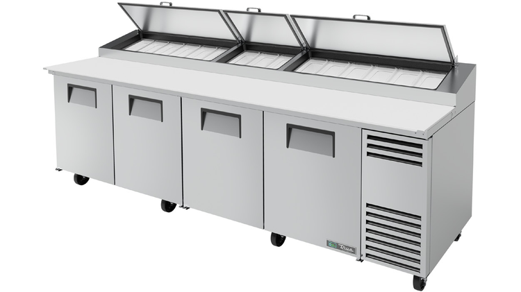 Product image #5 for True TPP-AT-119-HC 4-Section Pizza Prep Table with Side-Mounted Self-Contained Refrigeration