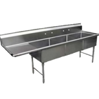 Thumbnail image #1 for GSW USA SH24243L 3-Compartment Stainless Steel Sink, 99-3/8"W x 30"D x 45"H, 24" x 24" x 14" Compartments, Left Drainboard, 16-Gauge