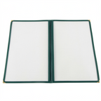 Thumbnail image #1 for CAC China MCP2-914GN Vinyl 2-Pocket Booklet Menu Cover, 8-1/2" x 14", Clear Double-Sided View, Brass Corners, Green Trim Case of 100