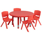 Thumbnail image #1 for Flash Furniture YU-YCX-0073-2-ROUND-TBL-RED-E-GG Preschool Round Activity Table Set with 4 Red Stacking Chairs, 33" Adjustable-Height Table