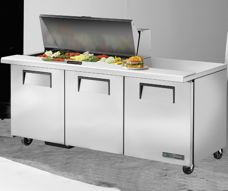 Product image #5 for True 72-Inch Mega Top 3-Door Refrigerated Sandwich/Salad Prep Table with 18-Pan Rail