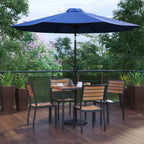 Thumbnail image #2 for Flash Furniture XU-DG-810060364-UB19BNV-GG Patio Dining Table Set, 35" Square Synthetic Teak Table, Navy Umbrella, 4 Faux Teak Chairs