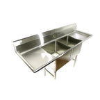 Thumbnail image #2 for SunFab SFS2-181814-218 2-Compartment Stainless Steel Sink, Left & Right Drainboards, 18" x 18" Bowls, 14" Deep