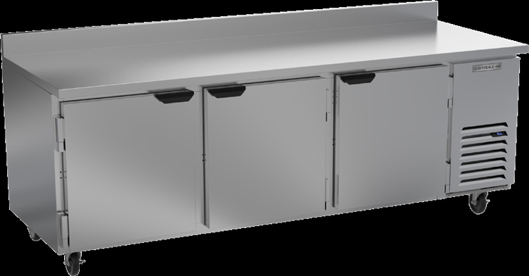 Product image #5 for Beverage-Air Three-Section Worktop Refrigerator with 3 Solid Doors, 93-Inch Stainless Steel Top, and 4-Inch Backsplash