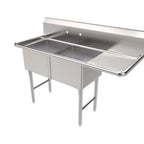 Thumbnail image #1 for ATSMFG MET MET-SE-18182R ATS MFG 2-Compartment Stainless Steel Sink, 57"W x 24"D x 45"H, Right Drainboard, 18" x 18" x 12" Compartments