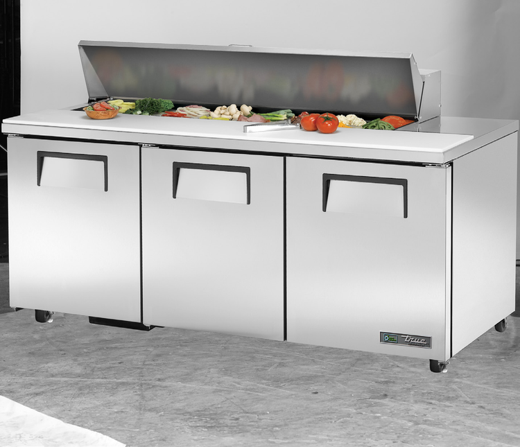 Product image #5 for True TSSU-72-16-HC 72-Inch 3-Door Solid Door Sandwich/Salad Prep Table with 16 1/6-Pan Capacity and Rear-Mounted Self-Contained Hydrocarbon Refrigeration