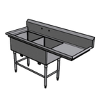 Thumbnail image #1 for Pacific Stainless Products DCS1824-14-R24 2-Compartment Stainless Steel Sink with Right Drainboard, 14-Gauge, 63in, 24in x 18in x 14in Bowls