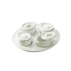 Thumbnail image #1 for CAC China Gourmet Collection PT-B5 Porcelain Coffee Condiment Tray and Jar Set, 4 3-oz Oval Jars with Lids, 9-1/2-in Round Tray Case of 6