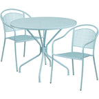 Thumbnail image #1 for Flash Furniture CO-35RD-03CHR2-SKY-GG Round Steel Patio Table Set with 2 Stacking Arm Chairs, 35-1/4" Dia., 28-3/4"H, Sky Blue