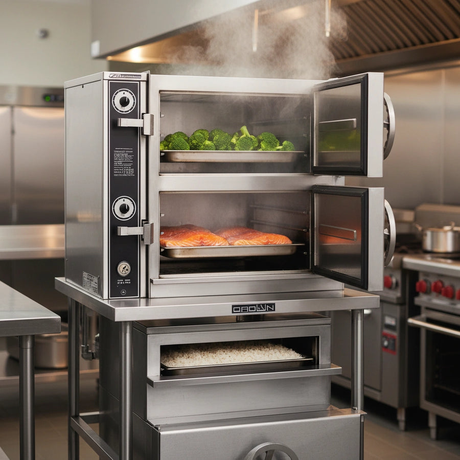 Experience peak kitchen efficiency with the Crown DCL-3 steamer, featuring three independent cooking compartments for simultaneous preparation of diverse dishes.