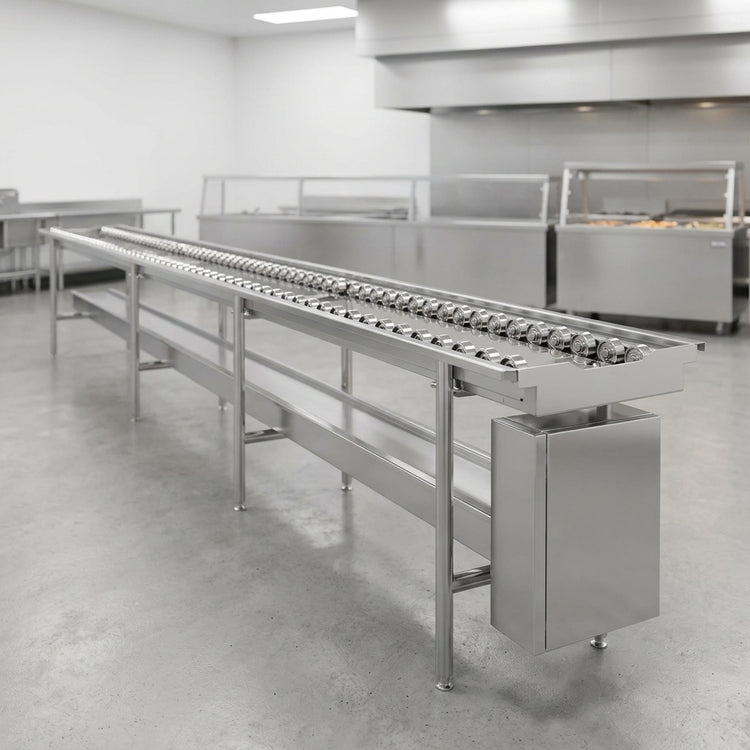 Product image #4 for Dinex DXIESSW20 20-Foot Non-Powered Stainless Steel Skate Wheel Tray Make-Up Conveyor